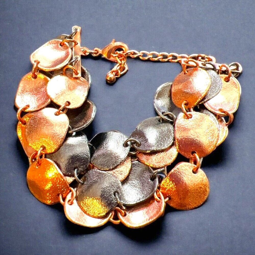 Rose Gold & Dark Silver Flat Discs Three Tier Dangling Bracelet Size 7-9